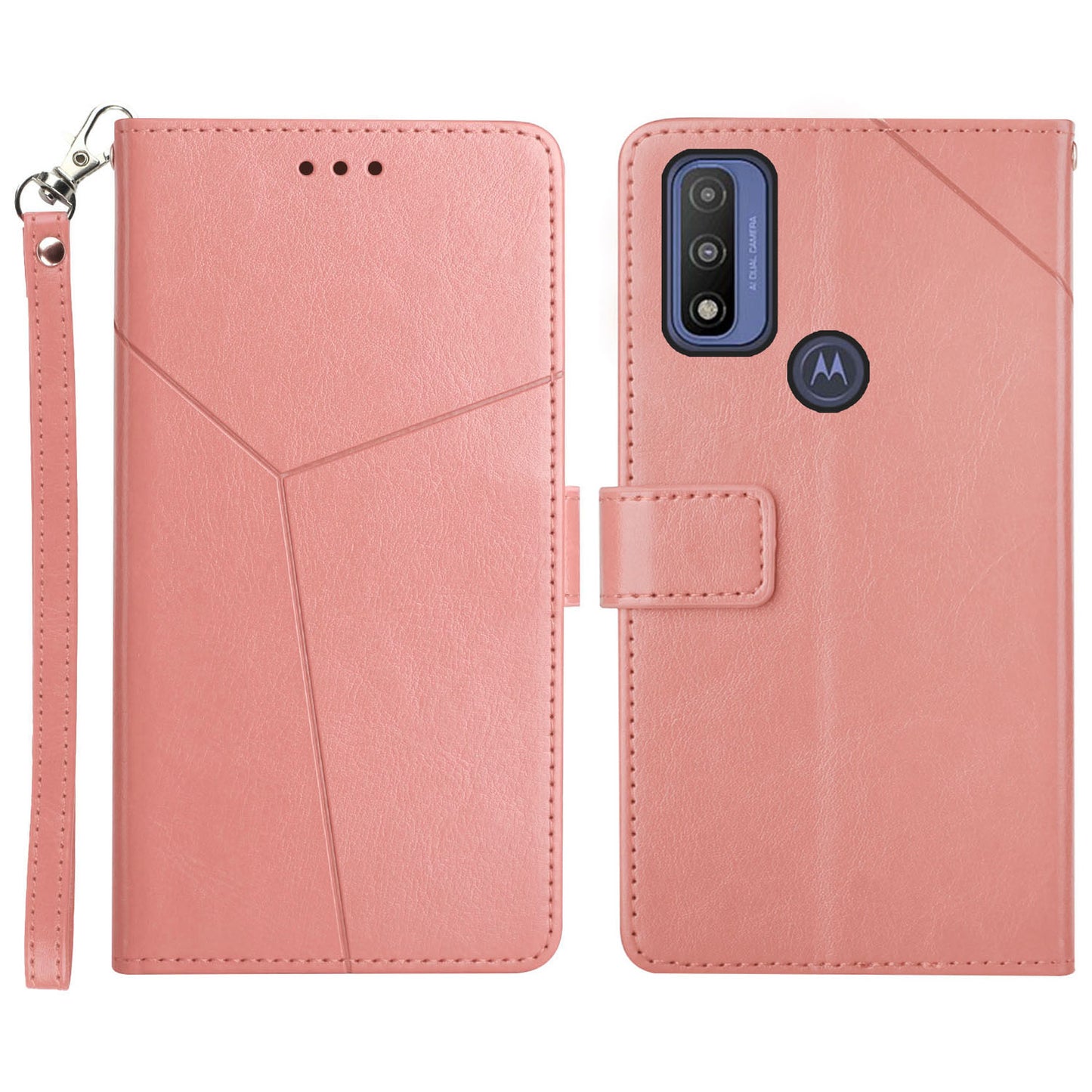 Imprinted Y-shaped Lines Magnetic PU Leather Stand Flip Wallet Phone Cover with Strap for Motorola G Pure