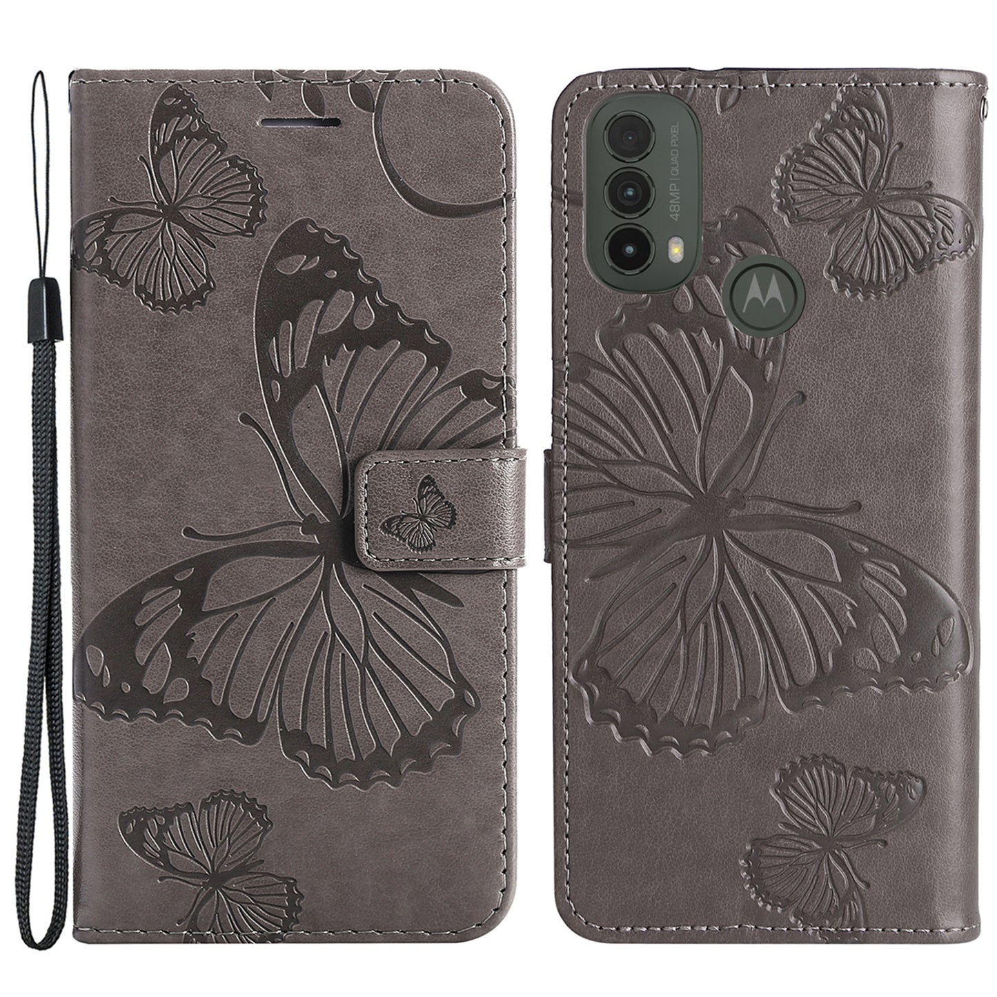 KT Imprinting Flower Series-2 Imprinted Butterfly Pattern PU Leather Wallet Stand Magnetic Clasp Flip Phone Case Cover with Hand Strap for Motorola Moto E20/E30/E40