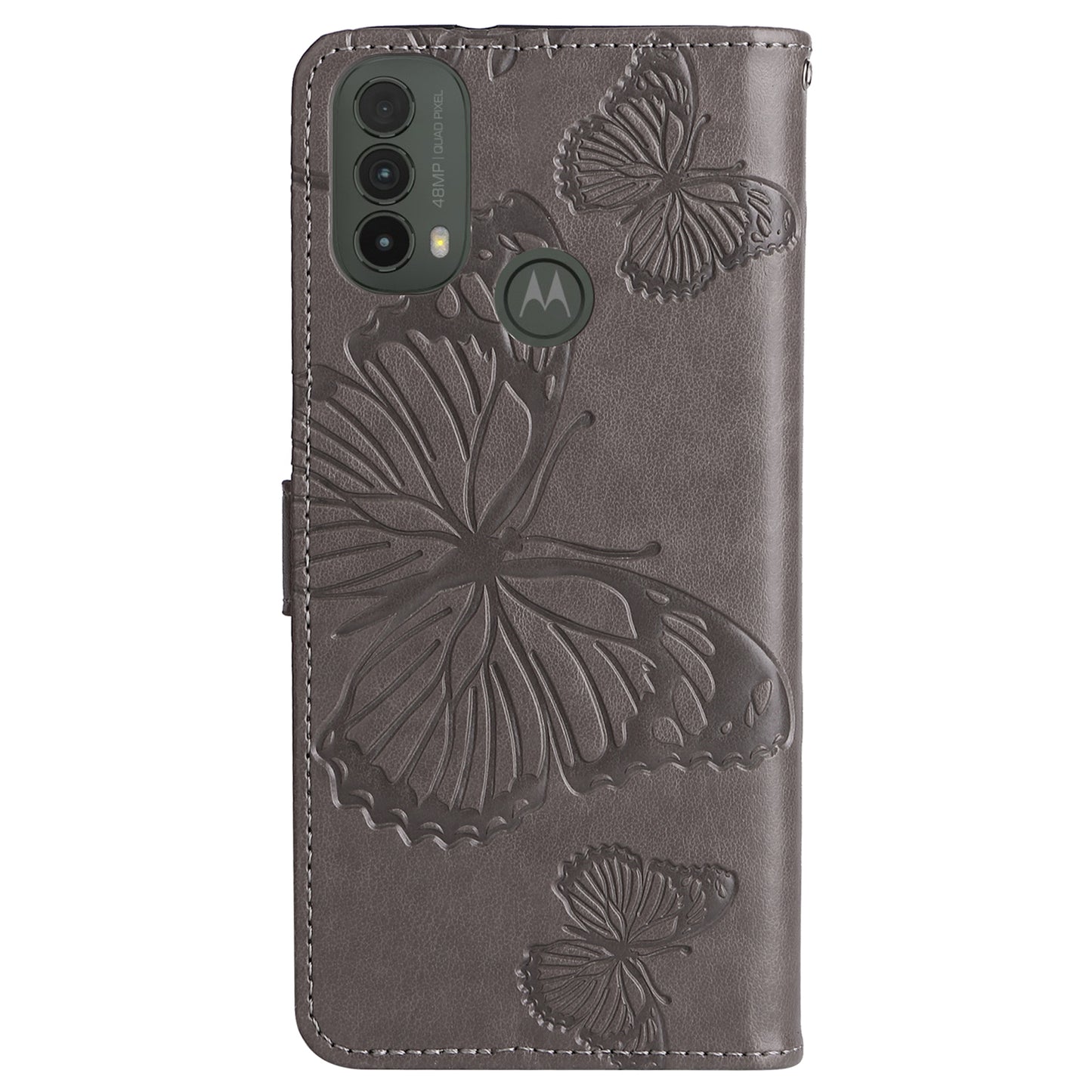 KT Imprinting Flower Series-2 Imprinted Butterfly Pattern PU Leather Wallet Stand Magnetic Clasp Flip Phone Case Cover with Hand Strap for Motorola Moto E20/E30/E40