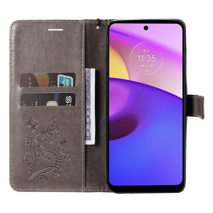 KT Imprinting Flower Series-2 Imprinted Butterfly Pattern PU Leather Wallet Stand Magnetic Clasp Flip Phone Case Cover with Hand Strap for Motorola Moto E20/E30/E40