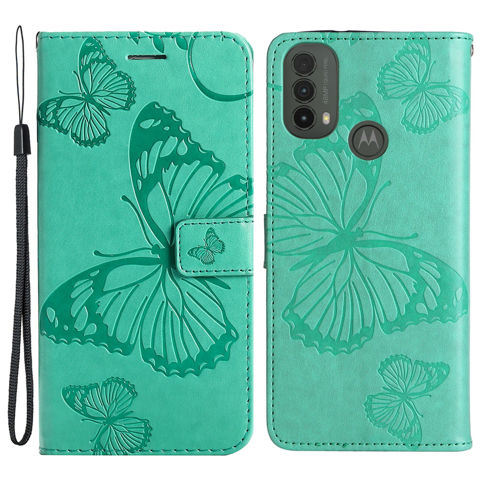 KT Imprinting Flower Series-2 Imprinted Butterfly Pattern PU Leather Wallet Stand Magnetic Clasp Flip Phone Case Cover with Hand Strap for Motorola Moto E20/E30/E40