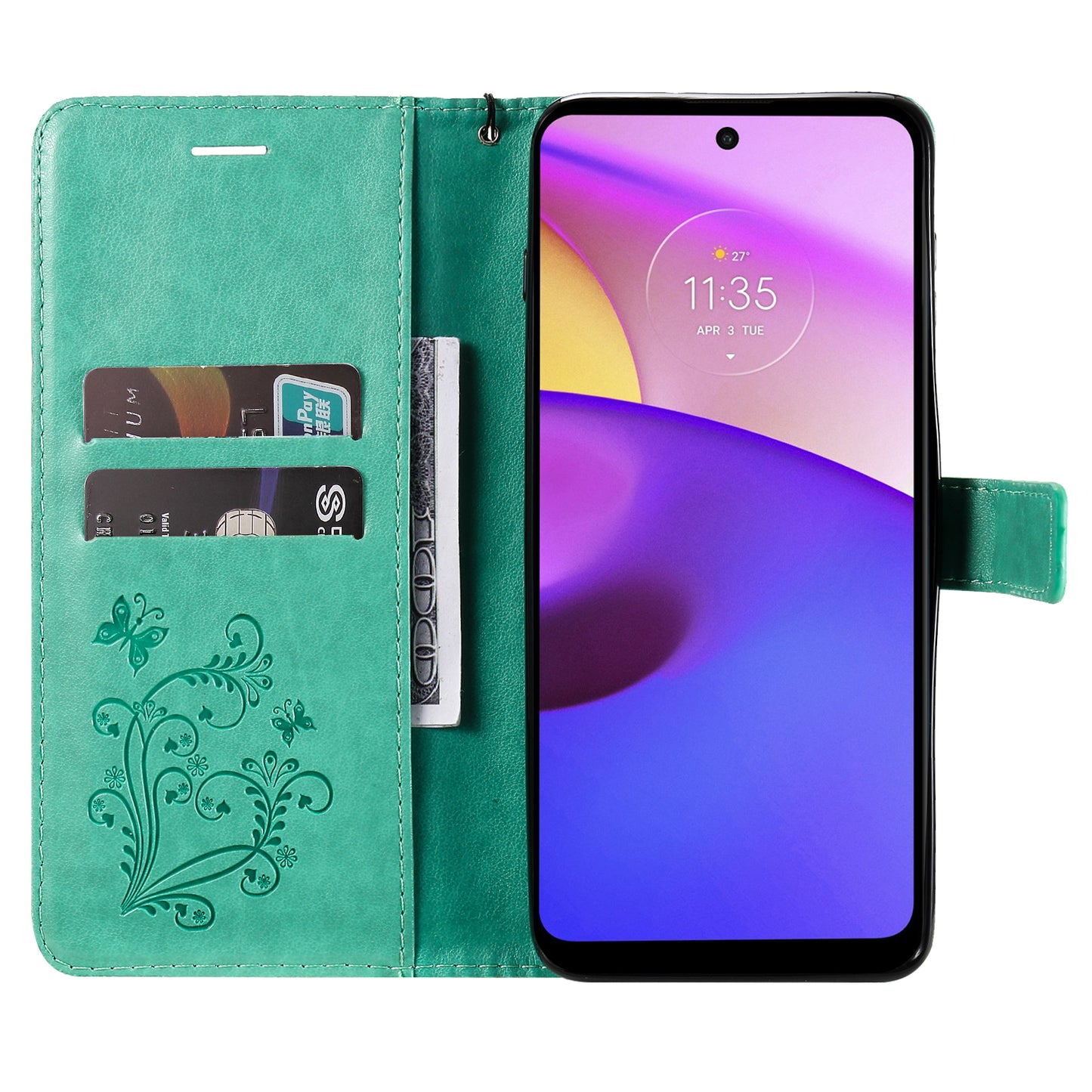 KT Imprinting Flower Series-2 Imprinted Butterfly Pattern PU Leather Wallet Stand Magnetic Clasp Flip Phone Case Cover with Hand Strap for Motorola Moto E20/E30/E40