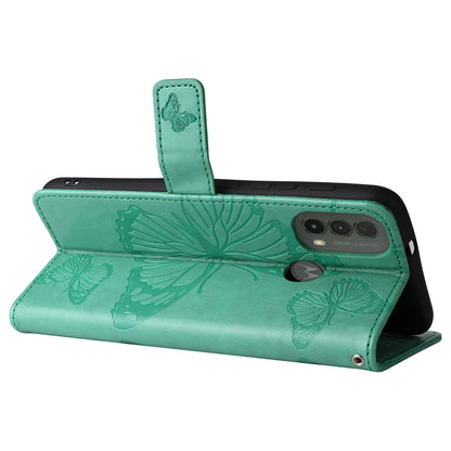 KT Imprinting Flower Series-2 Imprinted Butterfly Pattern PU Leather Wallet Stand Magnetic Clasp Flip Phone Case Cover with Hand Strap for Motorola Moto E20/E30/E40