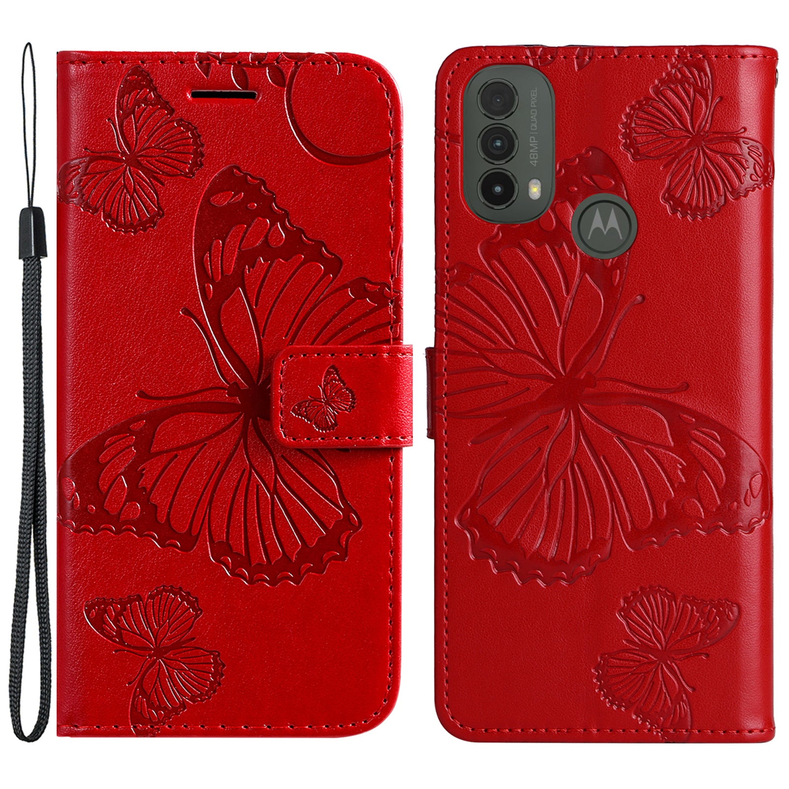 KT Imprinting Flower Series-2 Imprinted Butterfly Pattern PU Leather Wallet Stand Magnetic Clasp Flip Phone Case Cover with Hand Strap for Motorola Moto E20/E30/E40