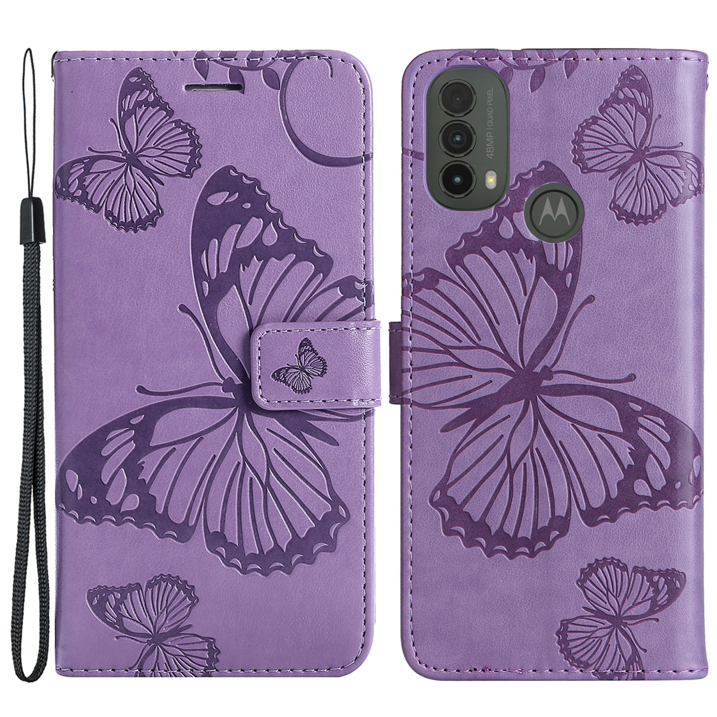 KT Imprinting Flower Series-2 Imprinted Butterfly Pattern PU Leather Wallet Stand Magnetic Clasp Flip Phone Case Cover with Hand Strap for Motorola Moto E20/E30/E40