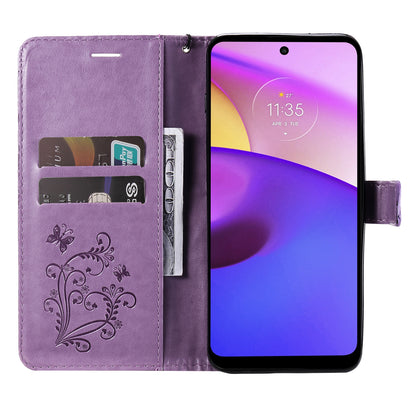 KT Imprinting Flower Series-2 Imprinted Butterfly Pattern PU Leather Wallet Stand Magnetic Clasp Flip Phone Case Cover with Hand Strap for Motorola Moto E20/E30/E40