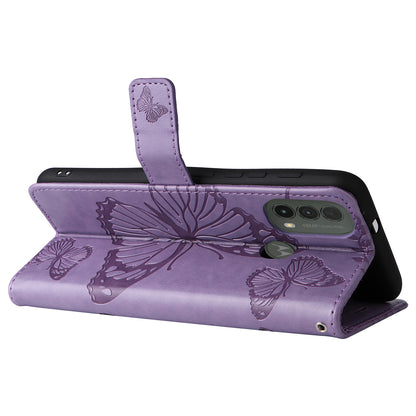 KT Imprinting Flower Series-2 Imprinted Butterfly Pattern PU Leather Wallet Stand Magnetic Clasp Flip Phone Case Cover with Hand Strap for Motorola Moto E20/E30/E40