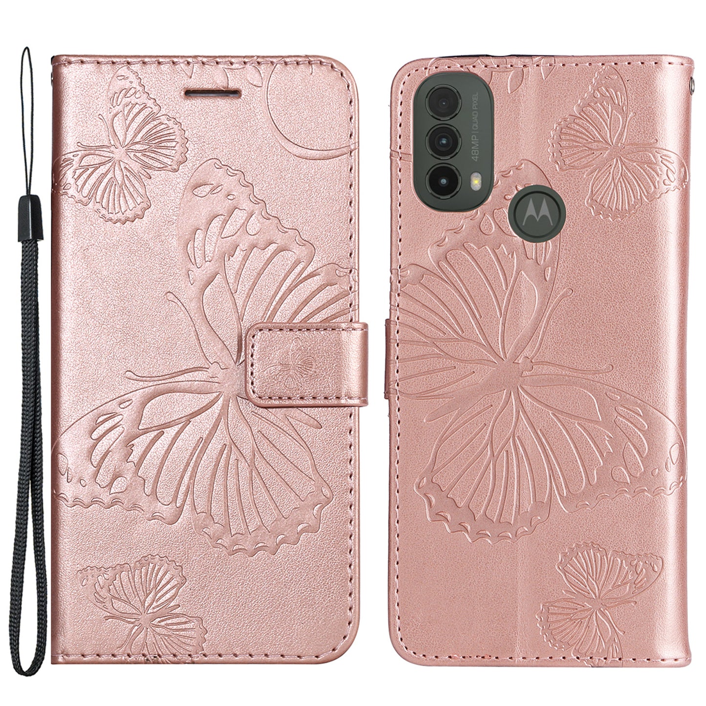 KT Imprinting Flower Series-2 Imprinted Butterfly Pattern PU Leather Wallet Stand Magnetic Clasp Flip Phone Case Cover with Hand Strap for Motorola Moto E20/E30/E40