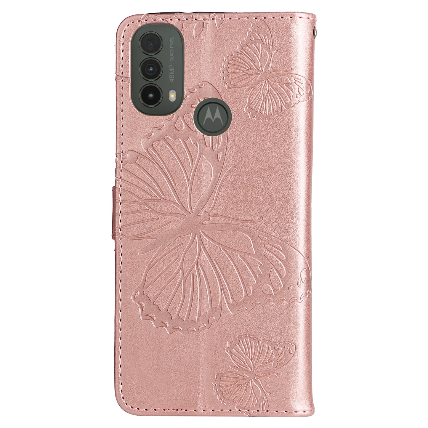 KT Imprinting Flower Series-2 Imprinted Butterfly Pattern PU Leather Wallet Stand Magnetic Clasp Flip Phone Case Cover with Hand Strap for Motorola Moto E20/E30/E40