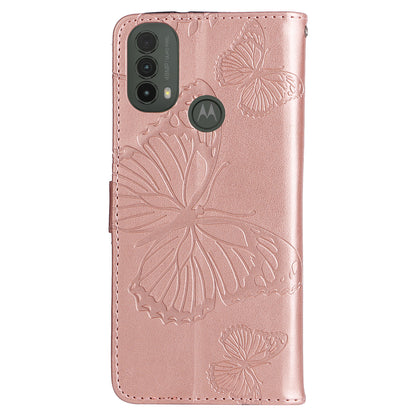 KT Imprinting Flower Series-2 Imprinted Butterfly Pattern PU Leather Wallet Stand Magnetic Clasp Flip Phone Case Cover with Hand Strap for Motorola Moto E20/E30/E40