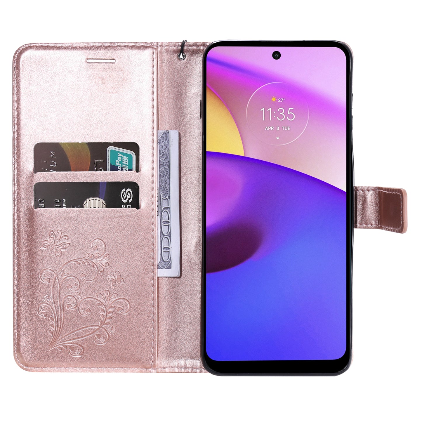 KT Imprinting Flower Series-2 Imprinted Butterfly Pattern PU Leather Wallet Stand Magnetic Clasp Flip Phone Case Cover with Hand Strap for Motorola Moto E20/E30/E40