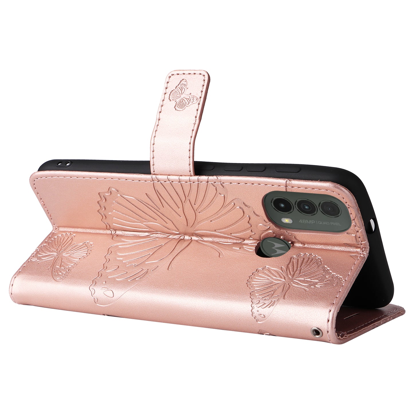 KT Imprinting Flower Series-2 Imprinted Butterfly Pattern PU Leather Wallet Stand Magnetic Clasp Flip Phone Case Cover with Hand Strap for Motorola Moto E20/E30/E40