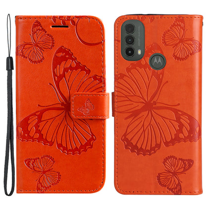 KT Imprinting Flower Series-2 Imprinted Butterfly Pattern PU Leather Wallet Stand Magnetic Clasp Flip Phone Case Cover with Hand Strap for Motorola Moto E20/E30/E40