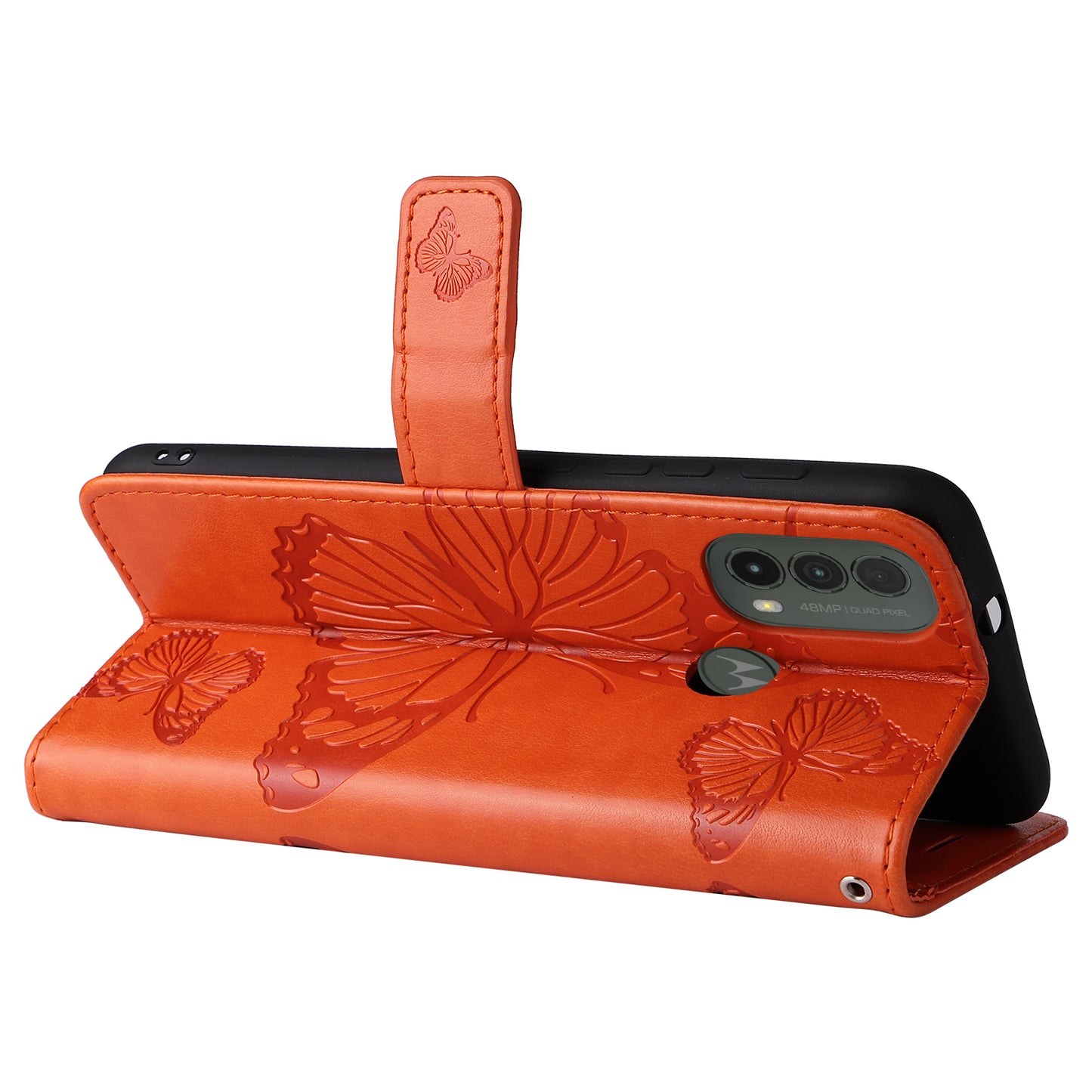 KT Imprinting Flower Series-2 Imprinted Butterfly Pattern PU Leather Wallet Stand Magnetic Clasp Flip Phone Case Cover with Hand Strap for Motorola Moto E20/E30/E40