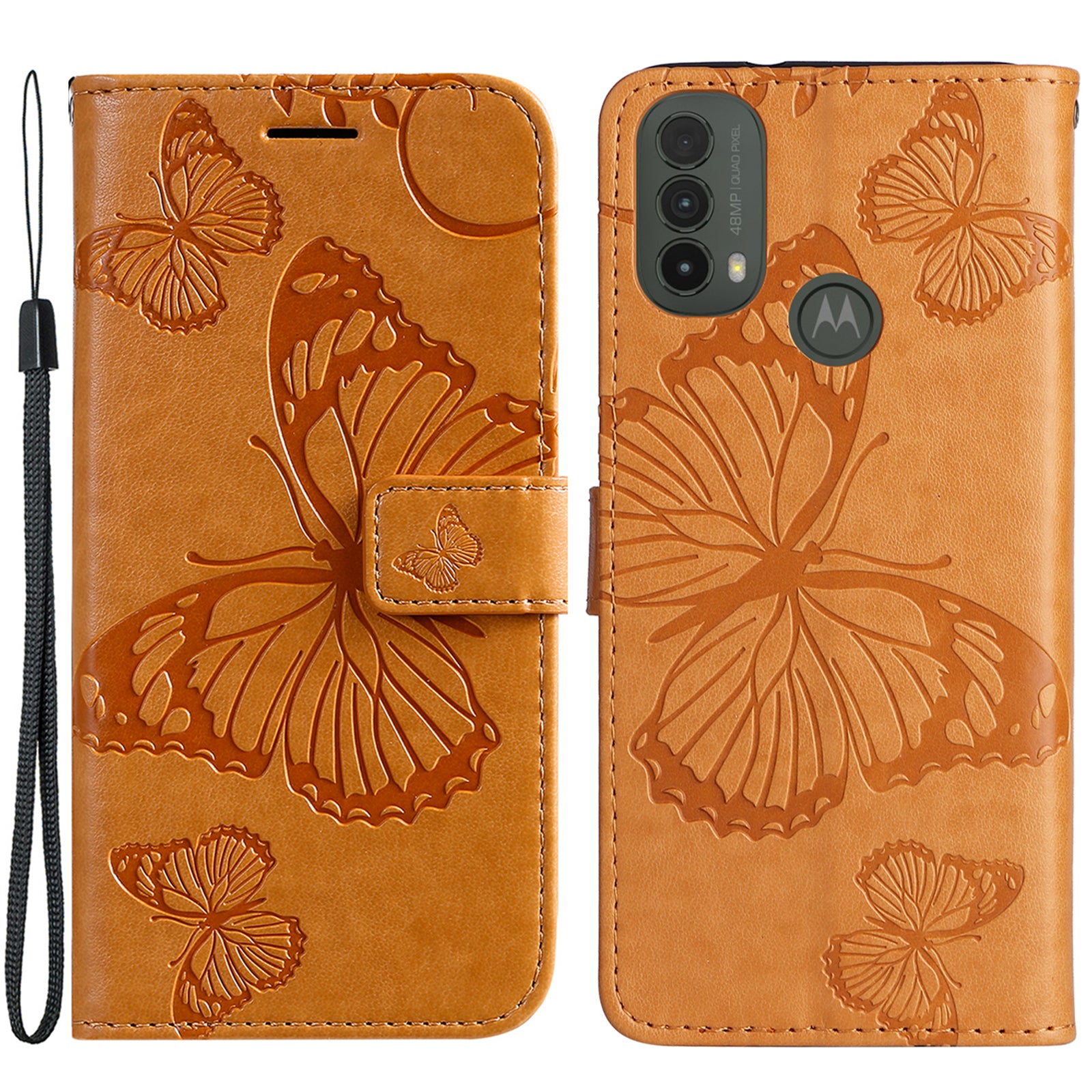 KT Imprinting Flower Series-2 Imprinted Butterfly Pattern PU Leather Wallet Stand Magnetic Clasp Flip Phone Case Cover with Hand Strap for Motorola Moto E20/E30/E40