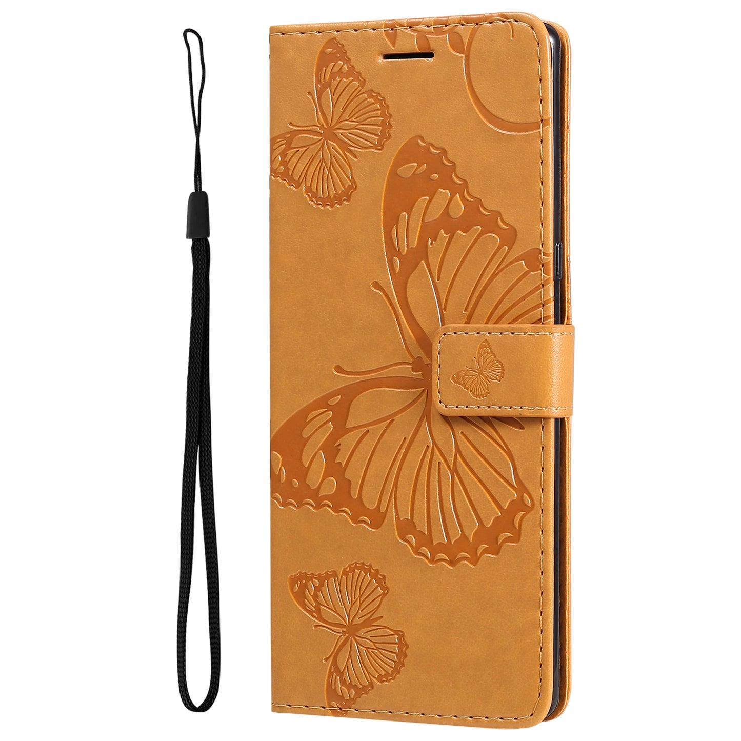 KT Imprinting Flower Series-2 Imprinted Butterfly Pattern PU Leather Wallet Stand Magnetic Clasp Flip Phone Case Cover with Hand Strap for Motorola Moto E20/E30/E40