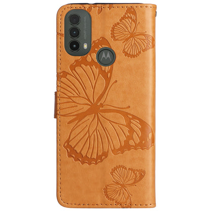 KT Imprinting Flower Series-2 Imprinted Butterfly Pattern PU Leather Wallet Stand Magnetic Clasp Flip Phone Case Cover with Hand Strap for Motorola Moto E20/E30/E40