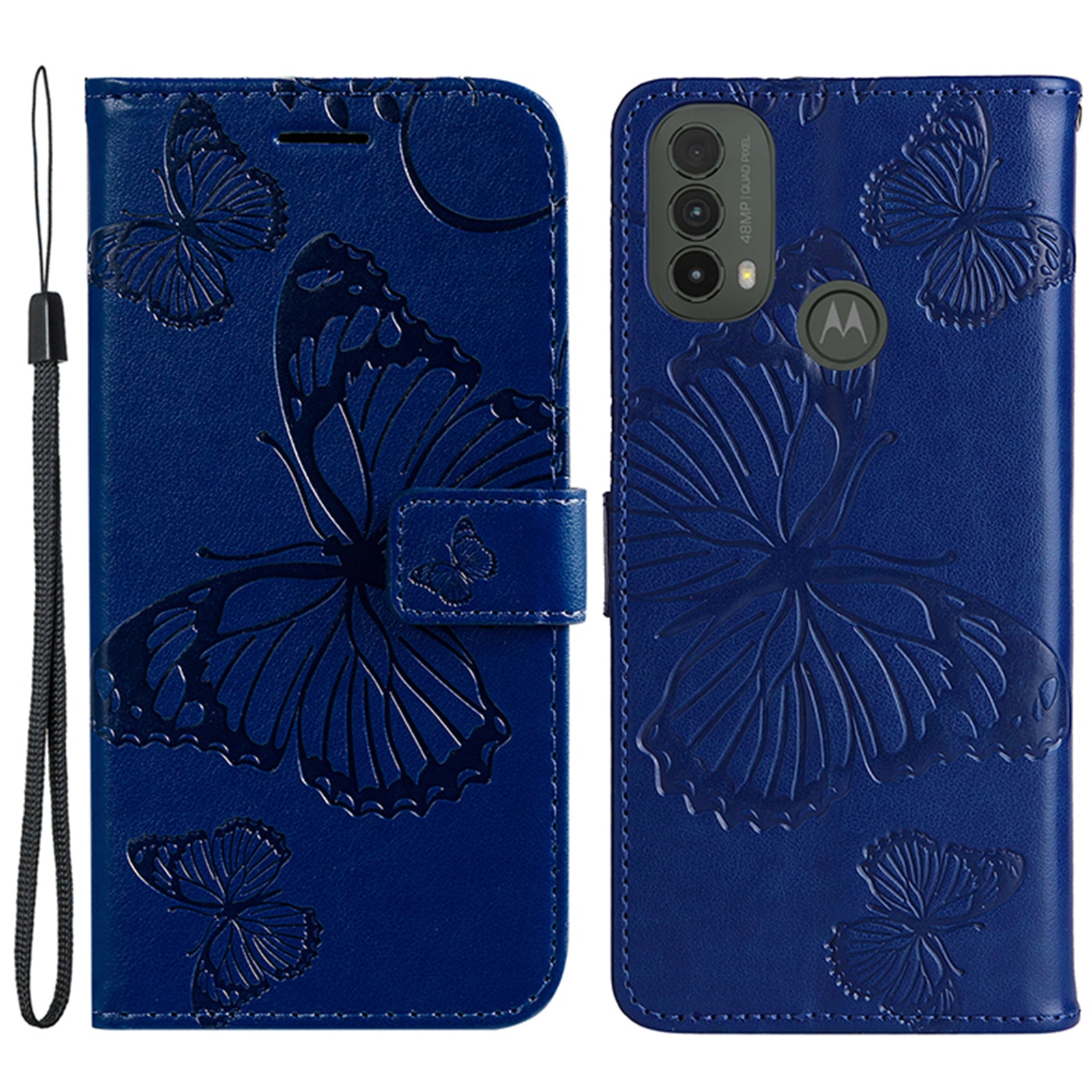 KT Imprinting Flower Series-2 Imprinted Butterfly Pattern PU Leather Wallet Stand Magnetic Clasp Flip Phone Case Cover with Hand Strap for Motorola Moto E20/E30/E40