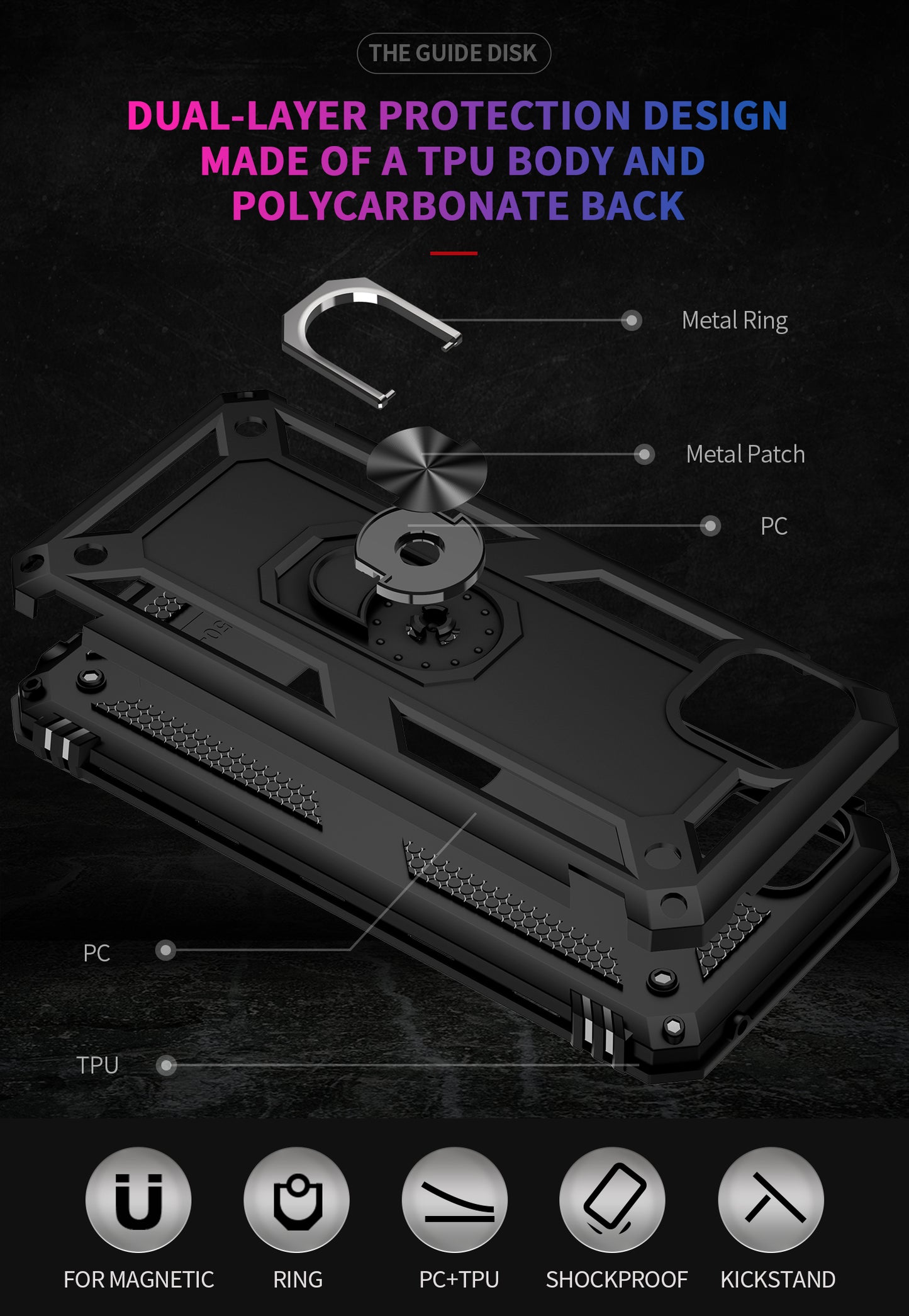 Anti-Drop Hard PC Soft TPU Shockproof Protective Case with Ring Kickstand Work with Magnetic Car Mount for Motorola Moto G50 5G