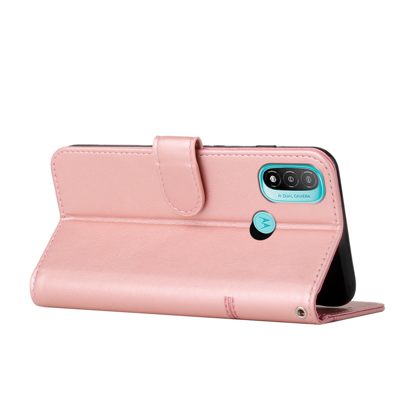 PU Leather Stand Shock Absorption Phone Case Wallet Protective Cover with Hand Strap for Motorola Moto E20/E30/E40