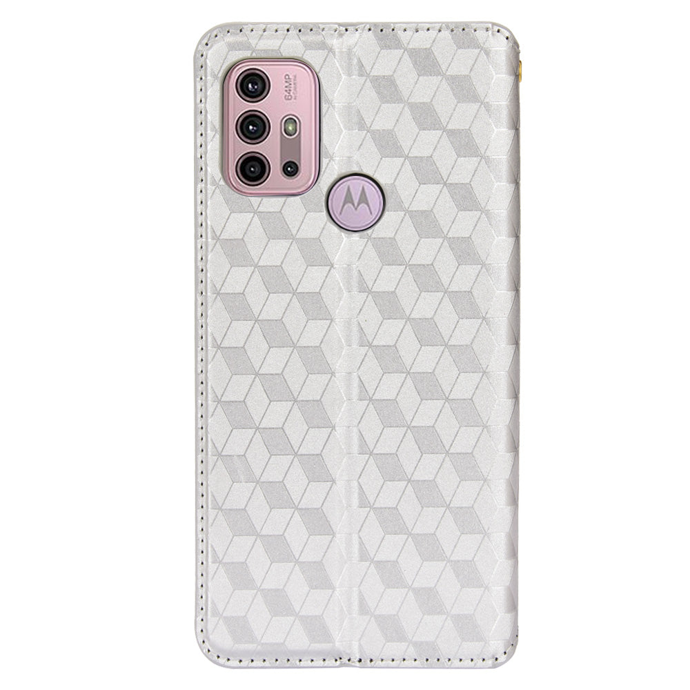 Imprinting 3D Rhombus Pattern Magnetic Auto-absorbed Leather Stand Wallet Phone Case for Motorola Moto G10/G20/G30/G10 Power