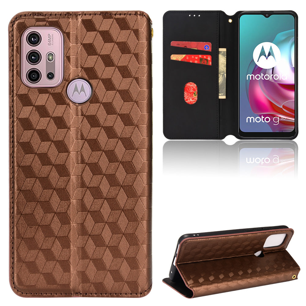 Imprinting 3D Rhombus Pattern Magnetic Auto-absorbed Leather Stand Wallet Phone Case for Motorola Moto G10/G20/G30/G10 Power