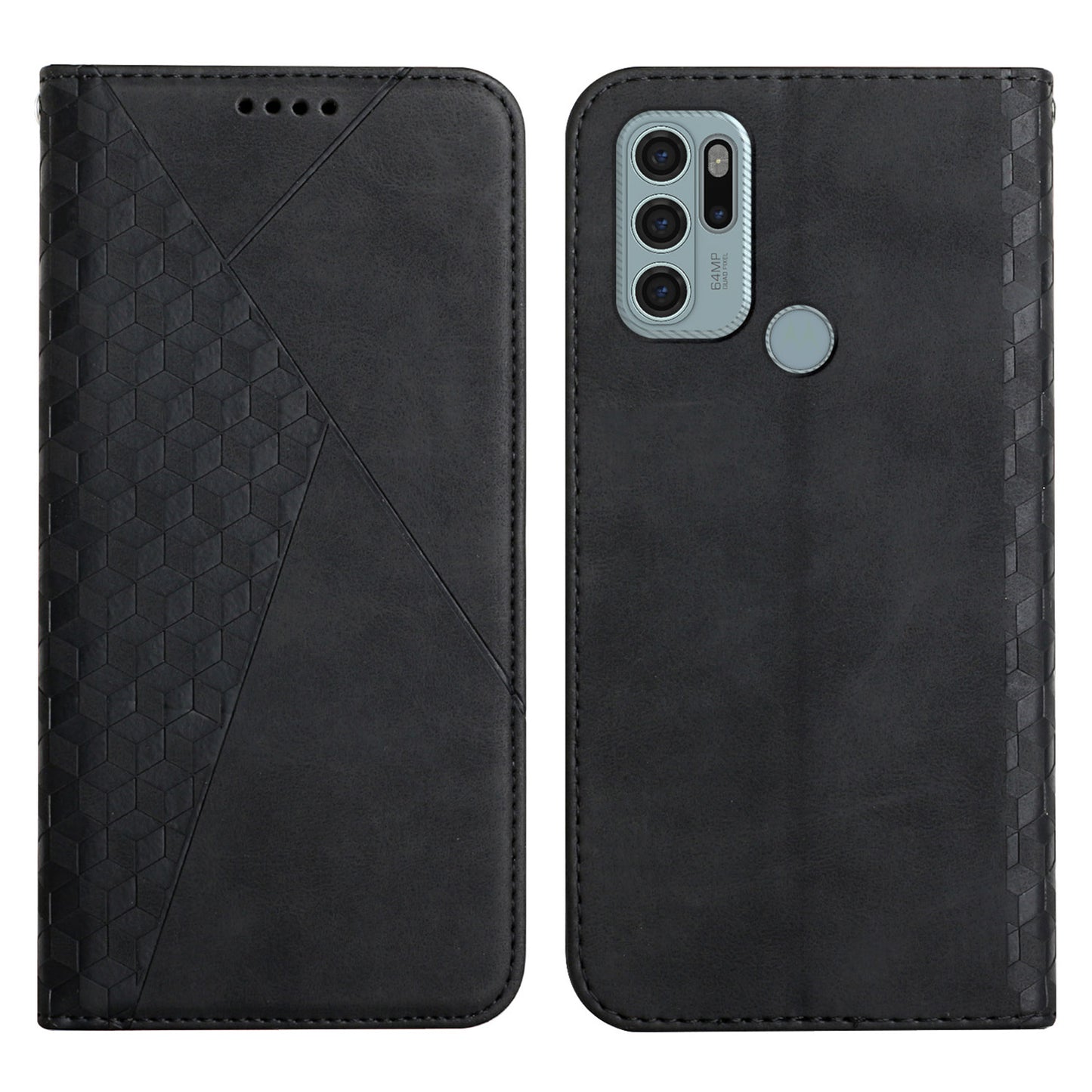 Skin-touch Well-protected Auto-absorbed Magnetic Closure Rhombus Pattern Leather Phone Cover with Stand for Motorola Moto G60S