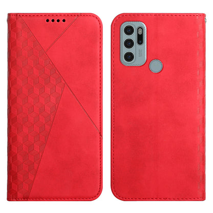 Skin-touch Well-protected Auto-absorbed Magnetic Closure Rhombus Pattern Leather Phone Cover with Stand for Motorola Moto G60S