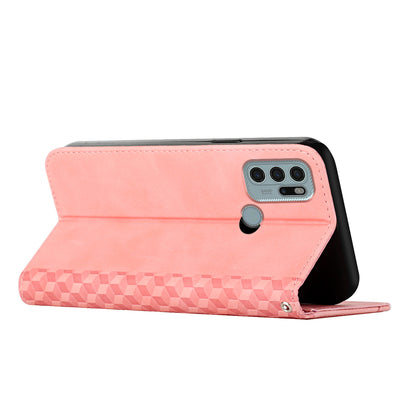 Skin-touch Well-protected Auto-absorbed Magnetic Closure Rhombus Pattern Leather Phone Cover with Stand for Motorola Moto G60S