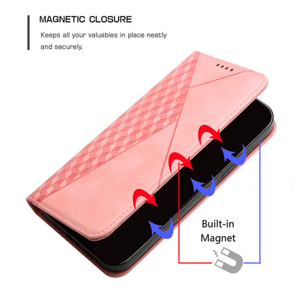 Skin-touch Well-protected Auto-absorbed Magnetic Closure Rhombus Pattern Leather Phone Cover with Stand for Motorola Moto G60S