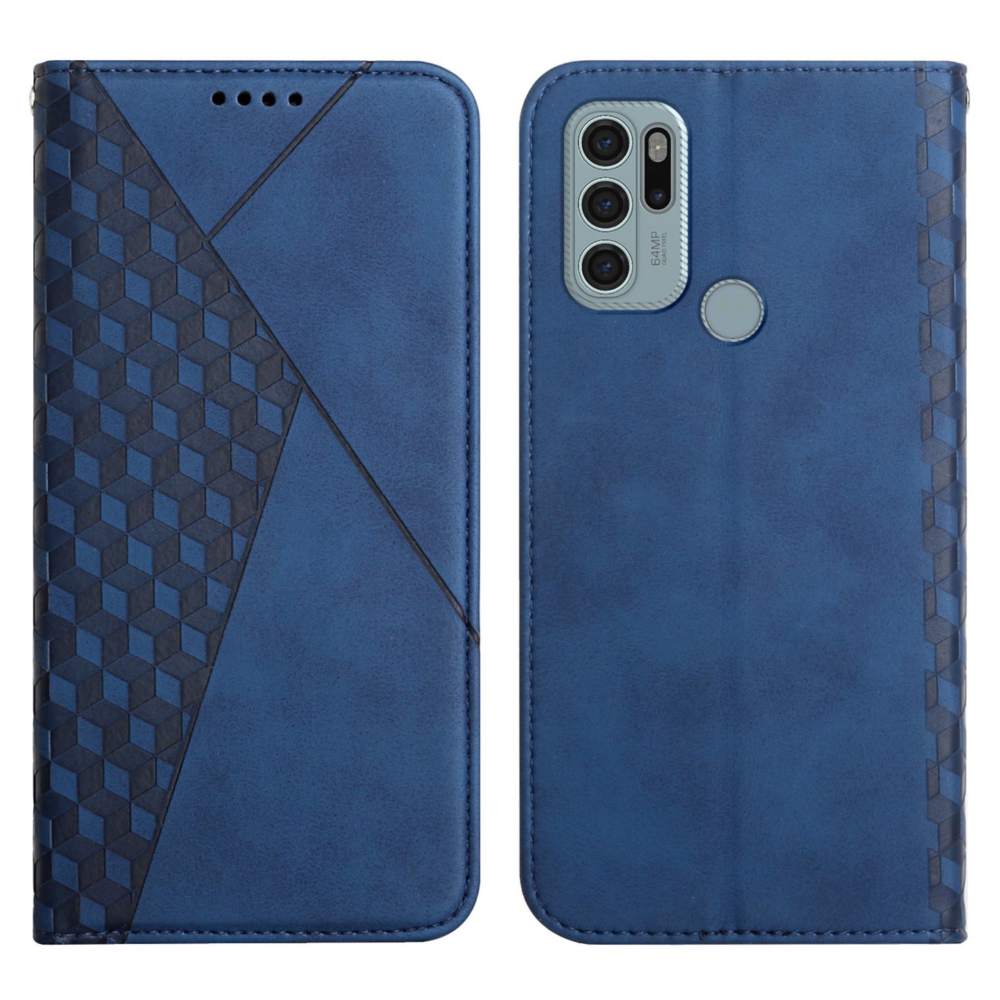 Skin-touch Well-protected Auto-absorbed Magnetic Closure Rhombus Pattern Leather Phone Cover with Stand for Motorola Moto G60S