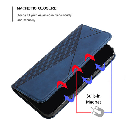 Skin-touch Well-protected Auto-absorbed Magnetic Closure Rhombus Pattern Leather Phone Cover with Stand for Motorola Moto G60S