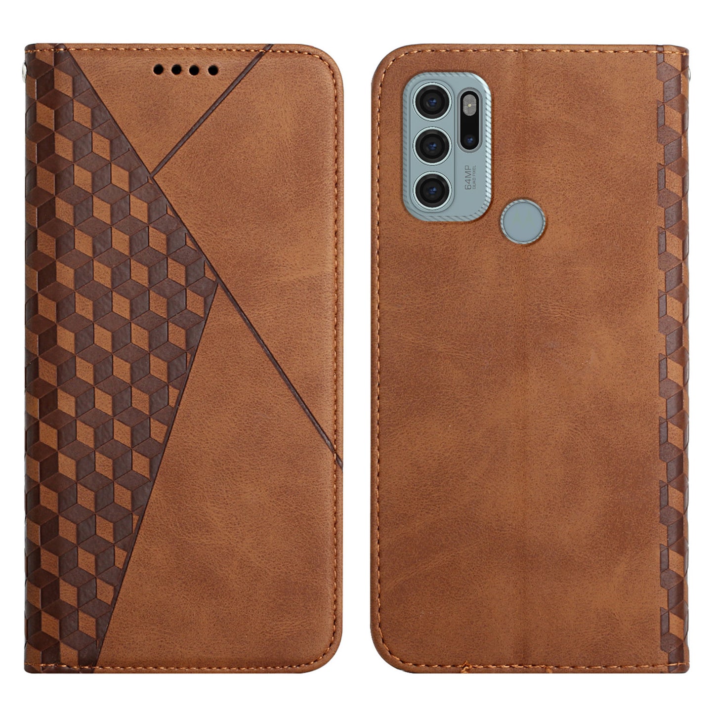 Skin-touch Well-protected Auto-absorbed Magnetic Closure Rhombus Pattern Leather Phone Cover with Stand for Motorola Moto G60S