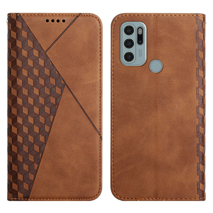 Skin-touch Well-protected Auto-absorbed Magnetic Closure Rhombus Pattern Leather Phone Cover with Stand for Motorola Moto G60S