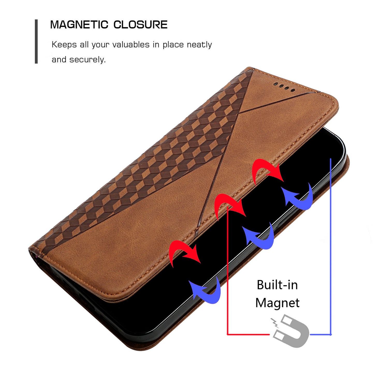 Skin-touch Well-protected Auto-absorbed Magnetic Closure Rhombus Pattern Leather Phone Cover with Stand for Motorola Moto G60S