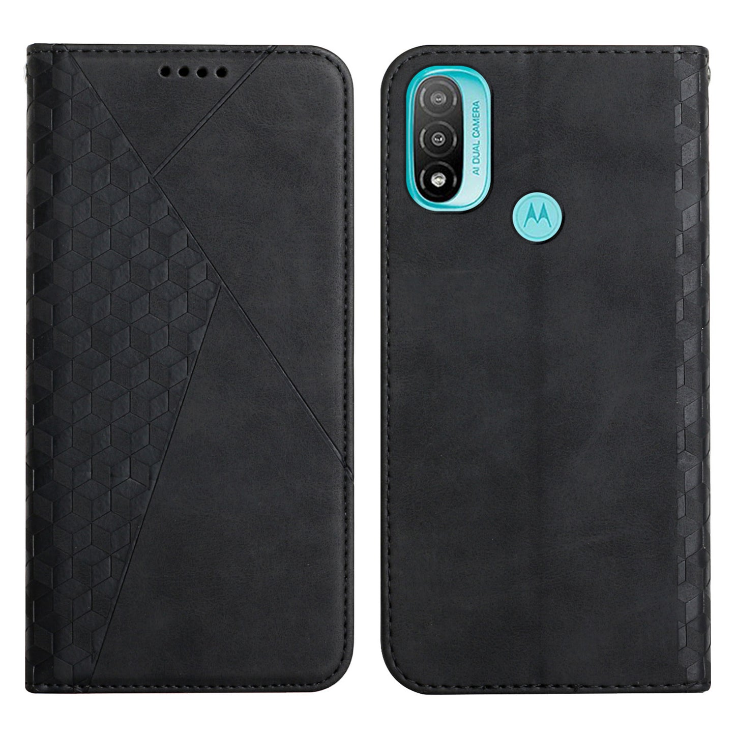 Soft TPU Inner Case + Leather Phone Cover Skin-touch Rhombus Pattern Auto-absorbed Magnetic Closure Stand Shell for Motorola Moto E20/E30/E40