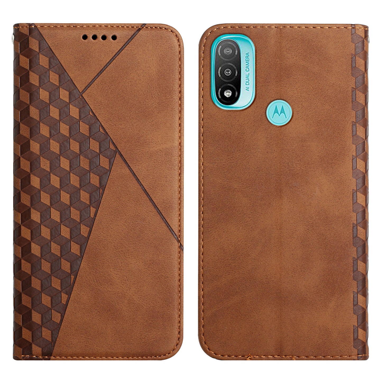 Soft TPU Inner Case + Leather Phone Cover Skin-touch Rhombus Pattern Auto-absorbed Magnetic Closure Stand Shell for Motorola Moto E20/E30/E40