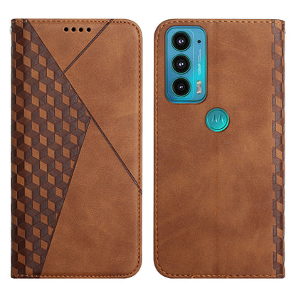 Scratch-proof Rhombus Pattern Skin-touch Case Drop-proof Auto-absorbed Magnetic Closing Leather Phone Cover with Stand for Motorola Moto E20