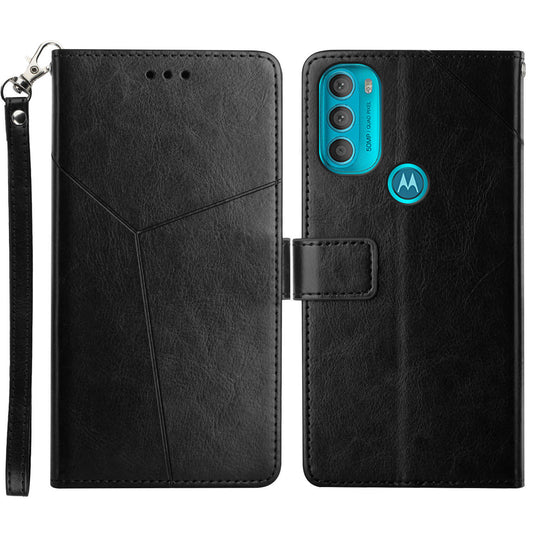 Stylish Mobile Phone Cover Y-shaped Lines Imprinted Handy Strap Magnetic PU Leather Stand Wallet Case for Motorola Moto G71 5G