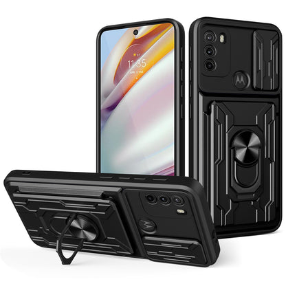 Anti-fall Anti-scratch Kickstand Design Camera Cover Slide Hard PC Soft TPU Case with Card Holder Slot for Motorola Moto G60