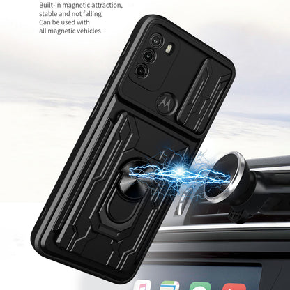 Anti-fall Anti-scratch Kickstand Design Camera Cover Slide Hard PC Soft TPU Case with Card Holder Slot for Motorola Moto G60