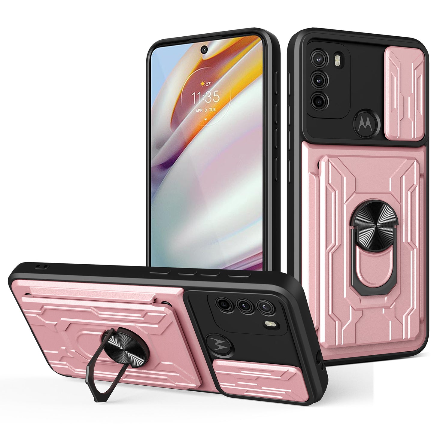 Anti-fall Anti-scratch Kickstand Design Camera Cover Slide Hard PC Soft TPU Case with Card Holder Slot for Motorola Moto G60