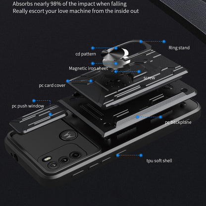 Anti-fall Anti-scratch Kickstand Design Camera Cover Slide Hard PC Soft TPU Case with Card Holder Slot for Motorola Moto G60