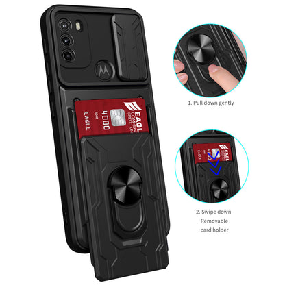 Anti-fall Anti-scratch Kickstand Design Camera Cover Slide Hard PC Soft TPU Case with Card Holder Slot for Motorola Moto G60