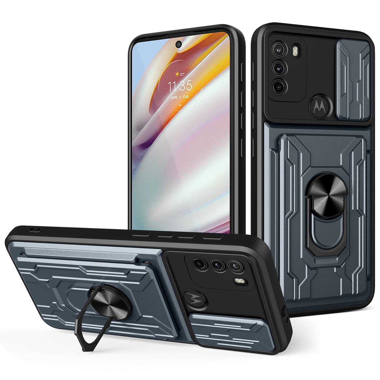 Anti-fall Anti-scratch Kickstand Design Camera Cover Slide Hard PC Soft TPU Case with Card Holder Slot for Motorola Moto G60