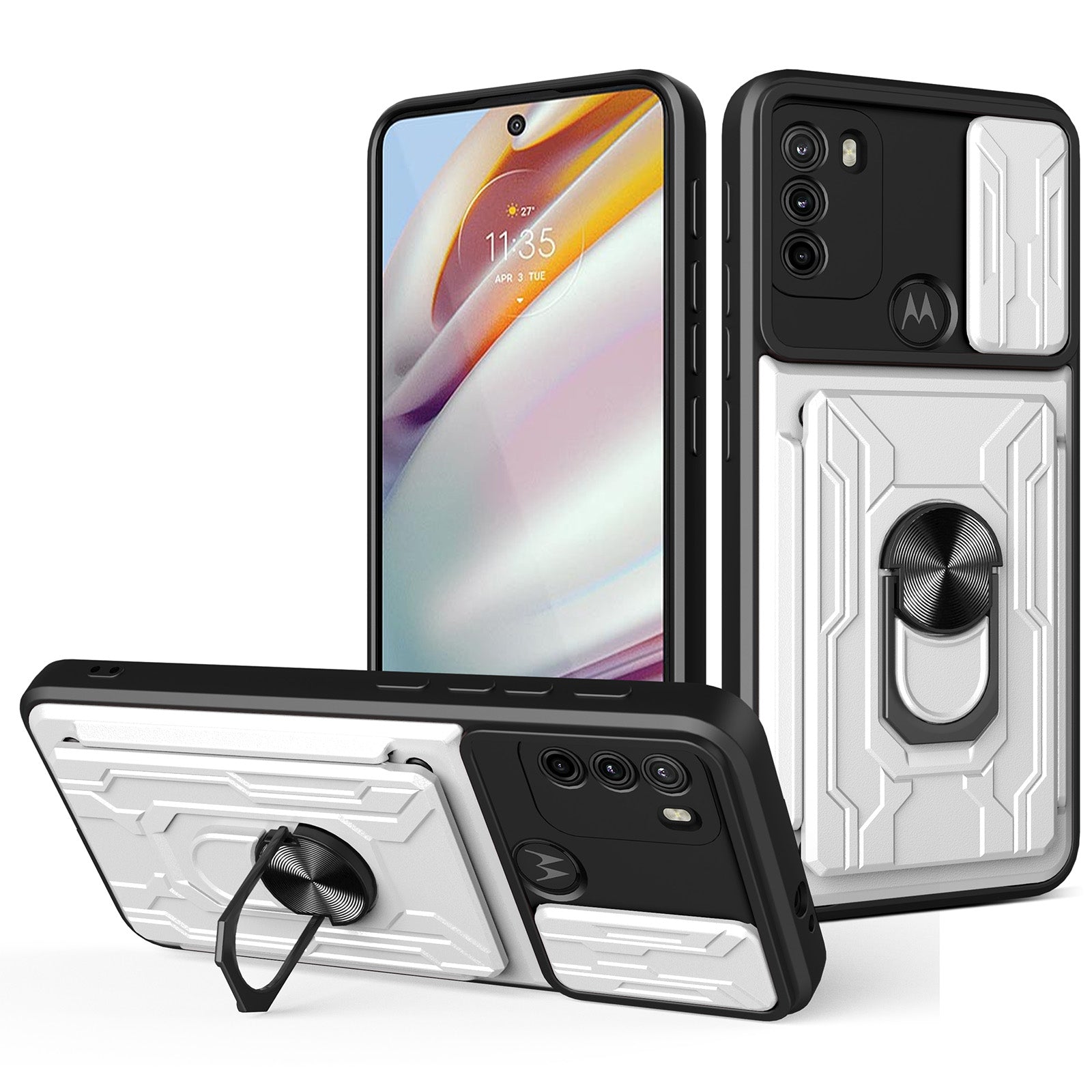 Anti-fall Anti-scratch Kickstand Design Camera Cover Slide Hard PC Soft TPU Case with Card Holder Slot for Motorola Moto G60