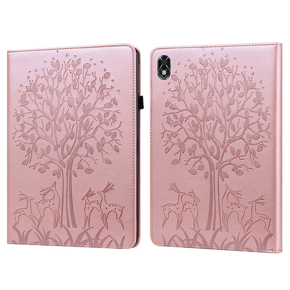 For Lenovo Legion Y700 Elastic Band Design Imprinting Tree Deer Pattern Card Slots Stand Shockproof PU Leather Tablet Cover Case