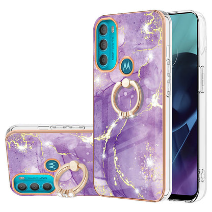 YB IMD Series-10 for Motorola Moto G71 5G Ring Kickstand Design Anti-scratch IMD Marble Pattern Electroplating Frame TPU Cell Phone Case Cover