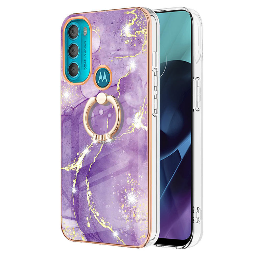 YB IMD Series-10 for Motorola Moto G71 5G Ring Kickstand Design Anti-scratch IMD Marble Pattern Electroplating Frame TPU Cell Phone Case Cover