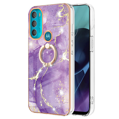 YB IMD Series-10 for Motorola Moto G71 5G Ring Kickstand Design Anti-scratch IMD Marble Pattern Electroplating Frame TPU Cell Phone Case Cover